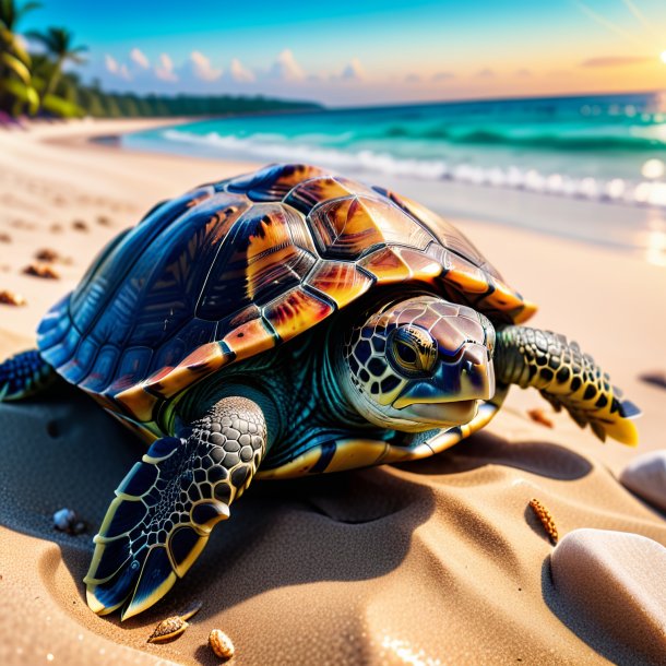 Image d'une tortue dans un gants sur la plage