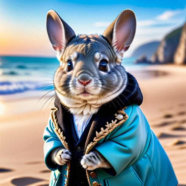 Photo of a chinchillas in a coat on the beach