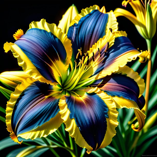 "portrait of a navy blue daylily, yellow"