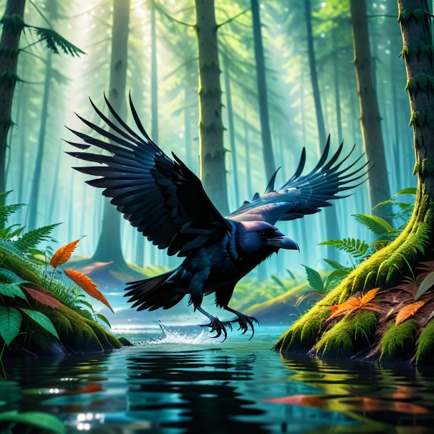 Image of a swimming of a crow in the forest