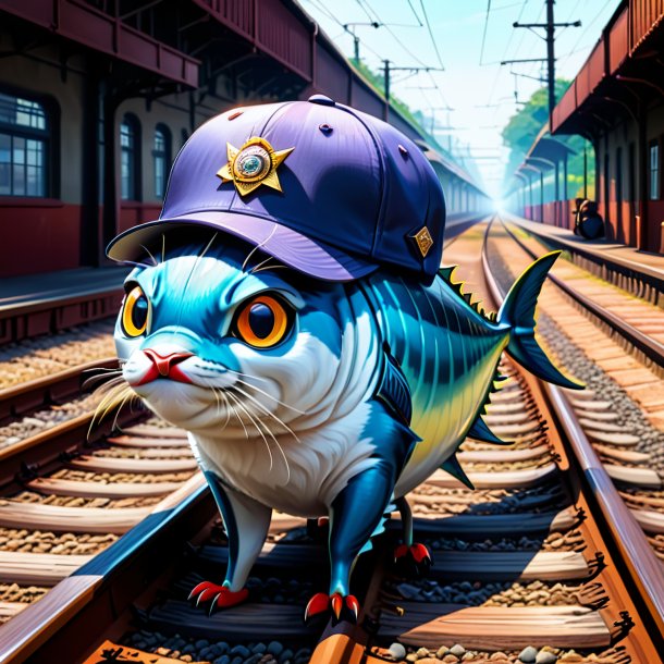 Drawing of a tuna in a cap on the railway tracks