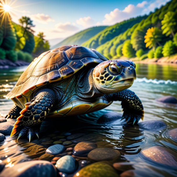 Foto de una tortuga en un suéter en el río