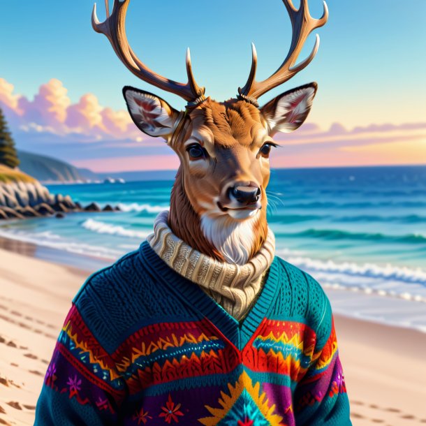 Dessin d'un cerf dans un pull sur la plage