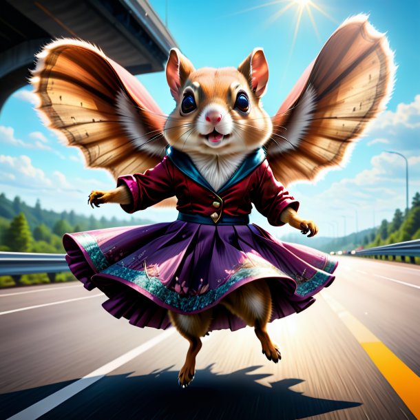 Illustration of a flying squirrel in a skirt on the highway