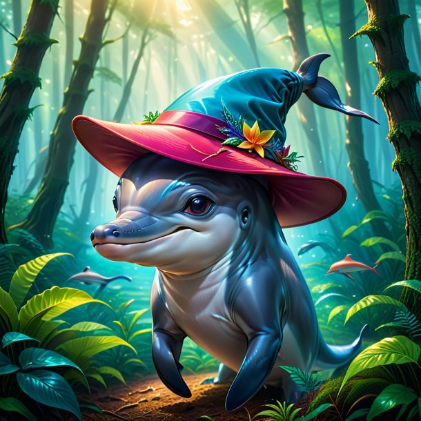 Illustration of a dolphin in a hat in the forest