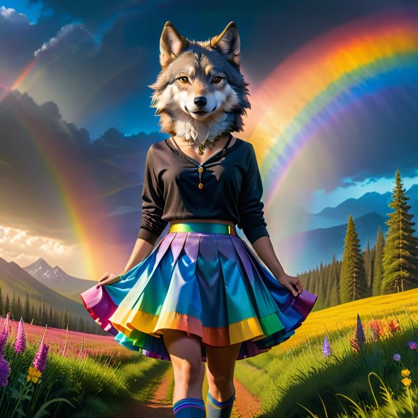 Photo of a wolf in a skirt on the rainbow