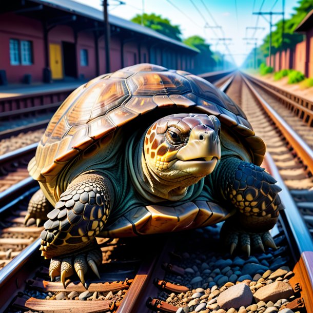 Picture of a tortoise in a belt on the railway tracks