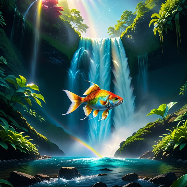 Illustration of a fish in a belt in the waterfall