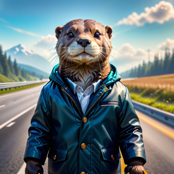 Picture of a otter in a jacket on the highway