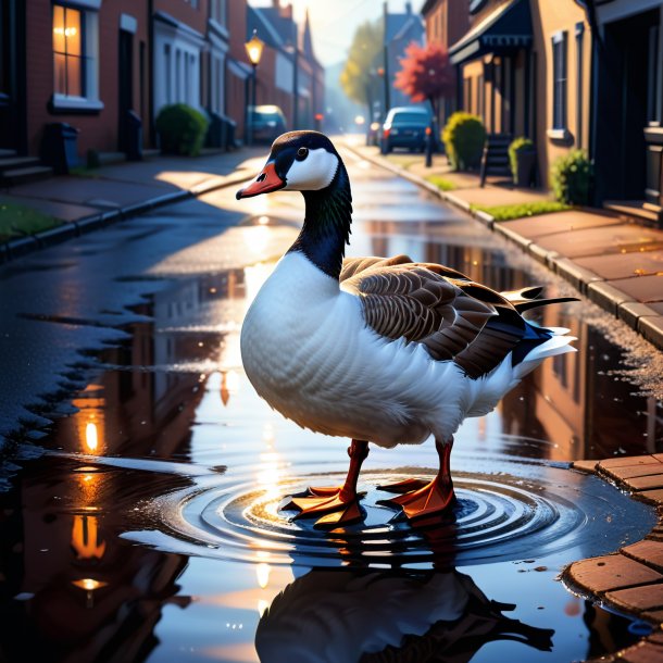 Drawing of a goose in a gloves in the puddle