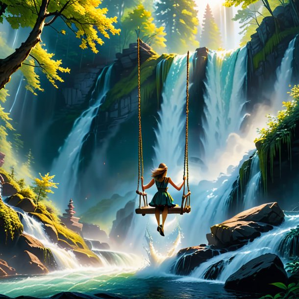 Photo of a swinging on a swing of a pike in the waterfall