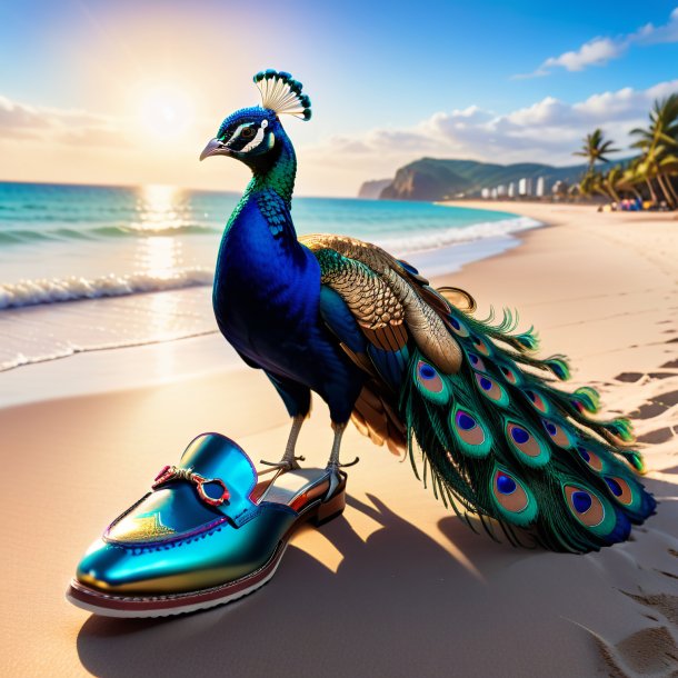 Photo of a peacock in a shoes on the beach