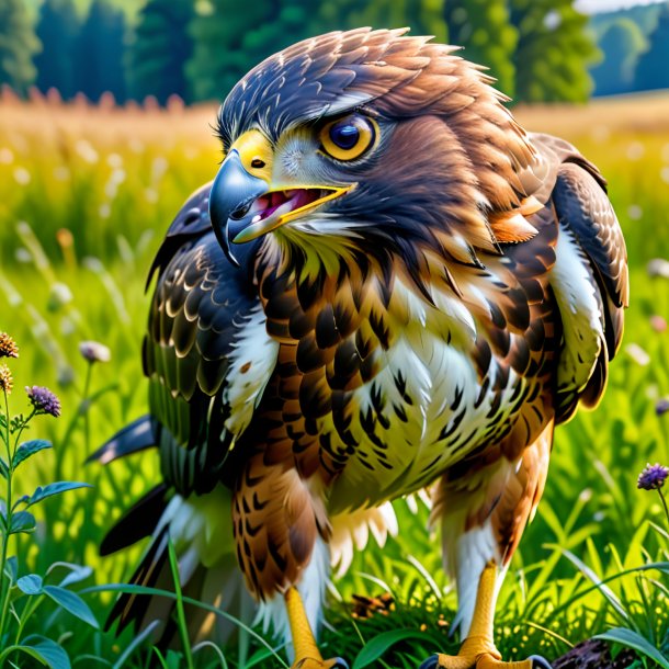 Photo d'une consommation d'un faucon dans la prairie