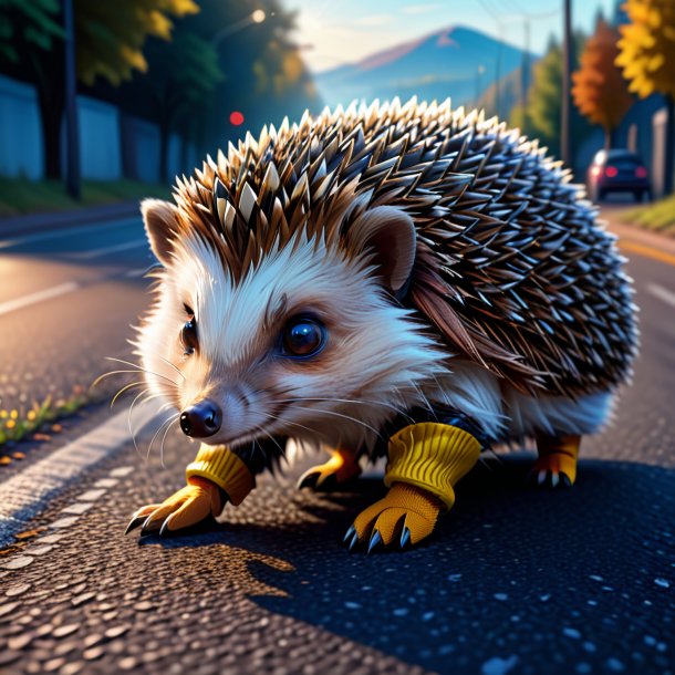 Drawing of a hedgehog in a gloves on the road