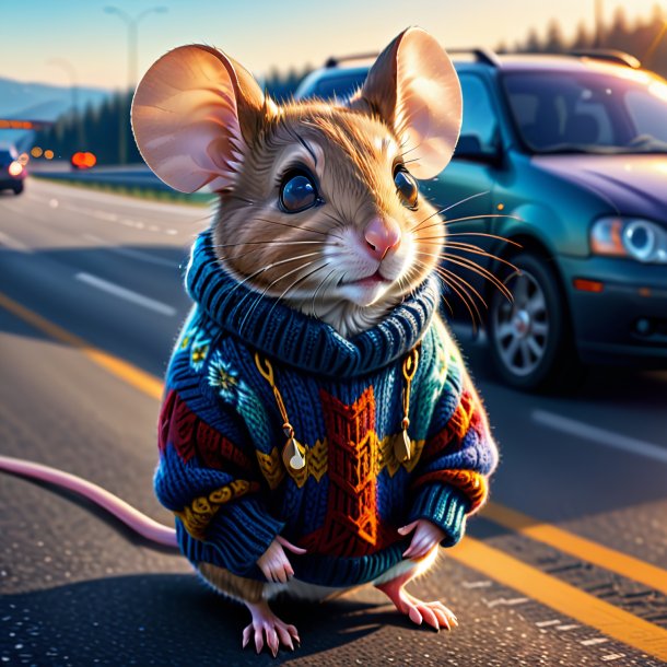 Drawing of a mouse in a sweater on the highway