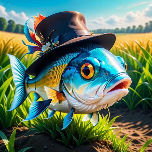 Picture of a fish in a hat on the field