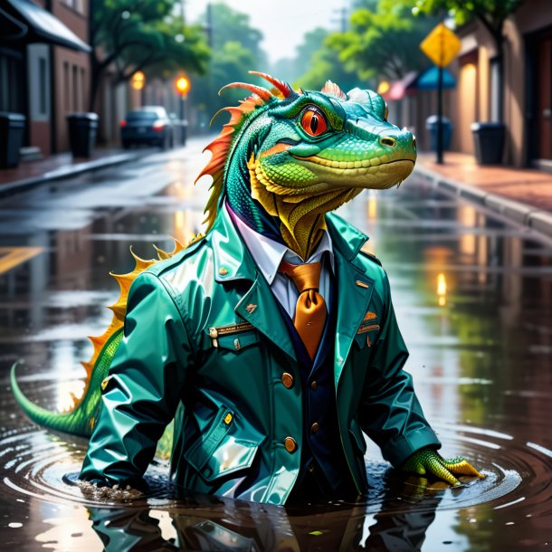 Drawing of a basilisk in a jacket in the puddle