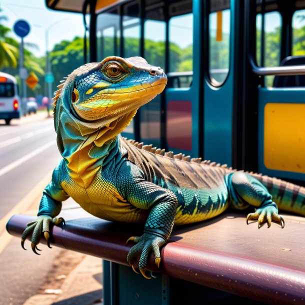 Foto de un lagarto monitor en un cinturón en la parada de autobús