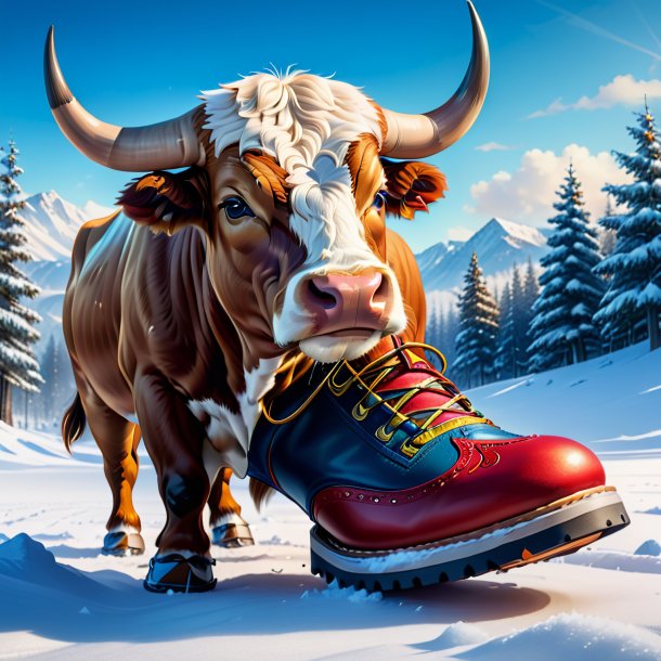 Dibujo de un toro en los zapatos en la nieve