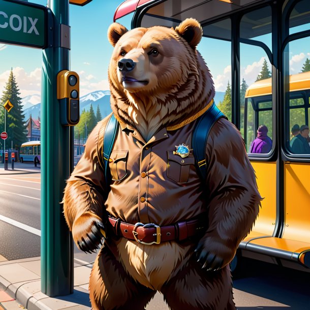 Illustration of a bear in a belt on the bus stop