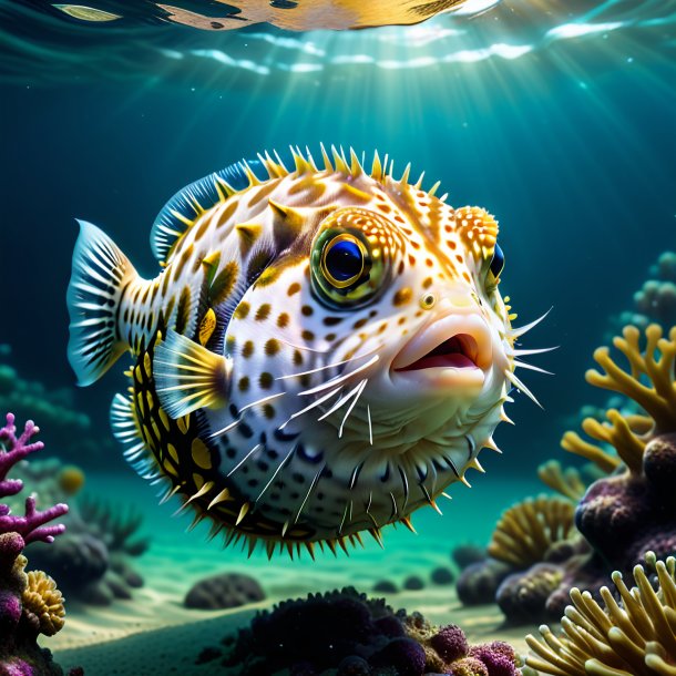 Illustration of a pufferfish in a vest in the water