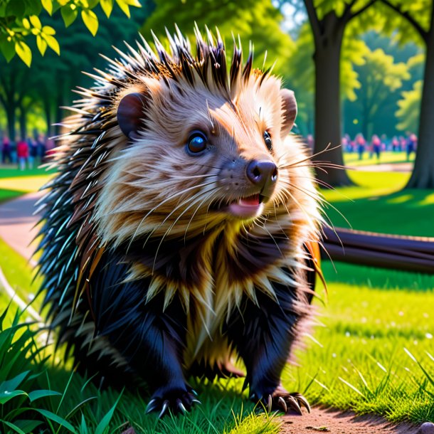 Imagem de um porco-espinho em um cinto no parque