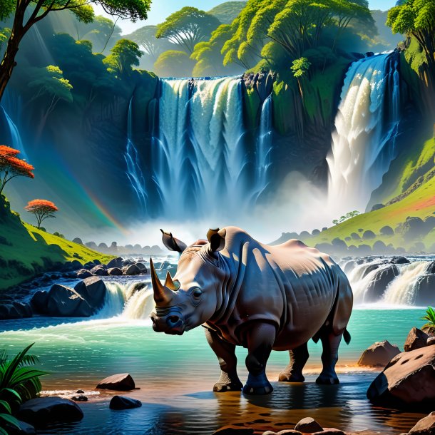 Picture of a waiting of a rhinoceros in the waterfall