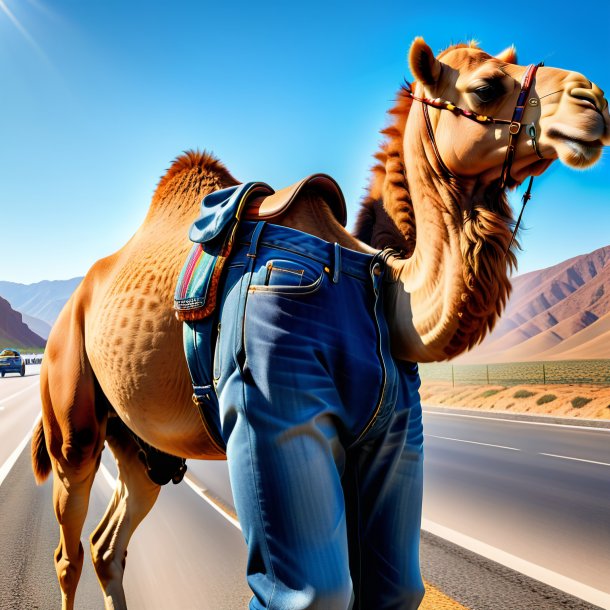 Foto de un camello en jeans en la carretera