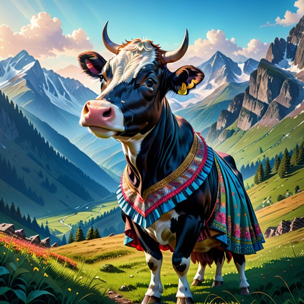 Ilustração de uma vaca em uma saia nas montanhas