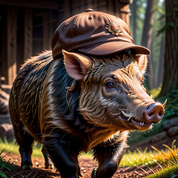 Pic of a boar in a brown cap