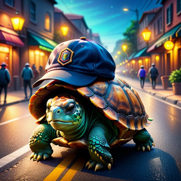 Illustration of a tortoise in a cap on the road