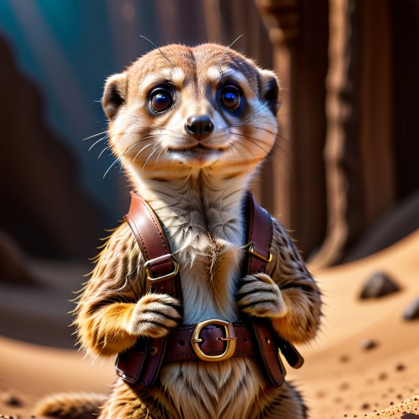 Photo of a meerkat in a brown belt