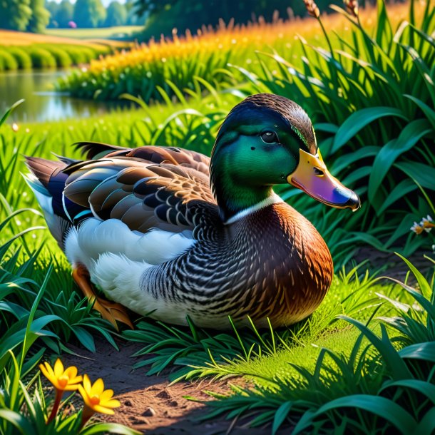 Photo of a resting of a duck in the meadow