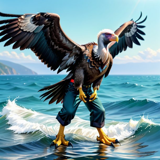 Drawing of a vulture in a trousers in the sea