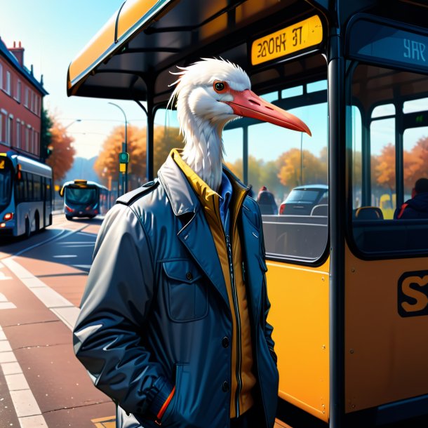 Drawing of a stork in a jacket on the bus stop