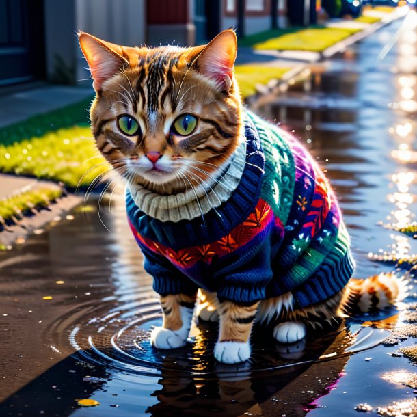 Foto de um gato em um suéter na poça