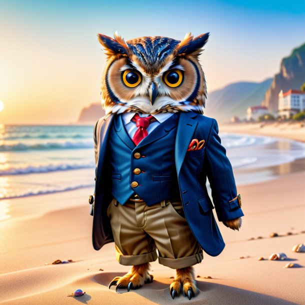 Photo of a owl in a trousers on the beach