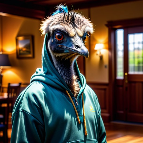 Pic of a emu in a hoodie in the house