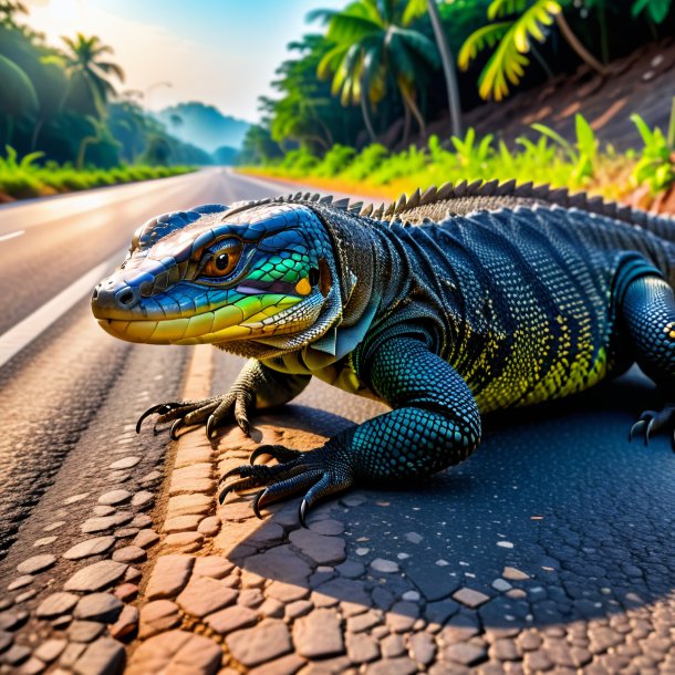 Photo of a drinking of a monitor lizard on the road