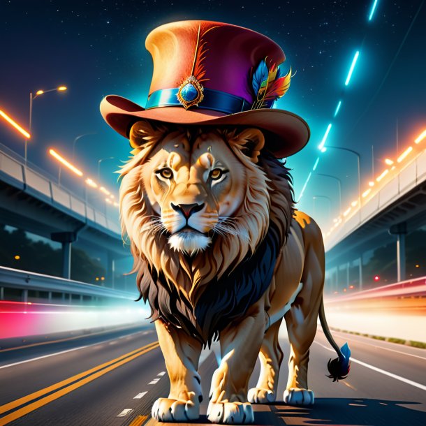 Illustration of a lion in a hat on the highway