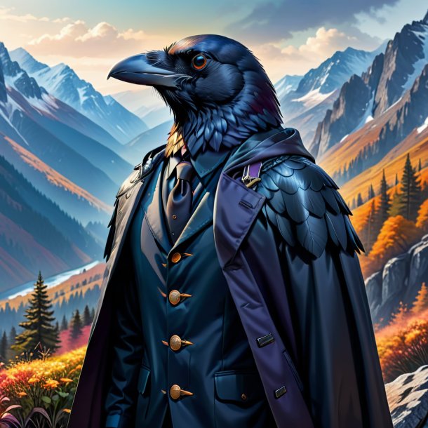 Illustration of a crow in a jacket in the mountains