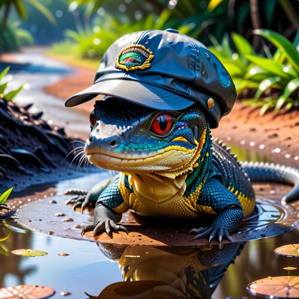 Foto de un lagarto monitor en una gorra en el charco