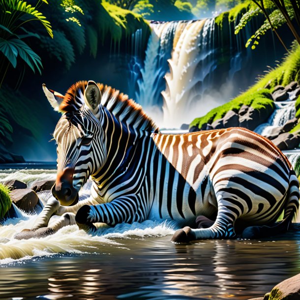 Photo of a sleeping of a zebra in the waterfall