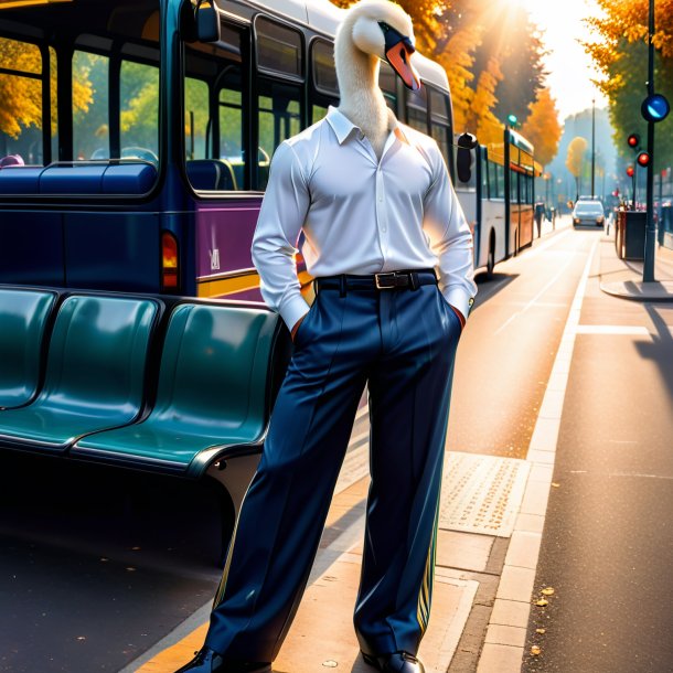 Image of a swan in a trousers on the bus stop