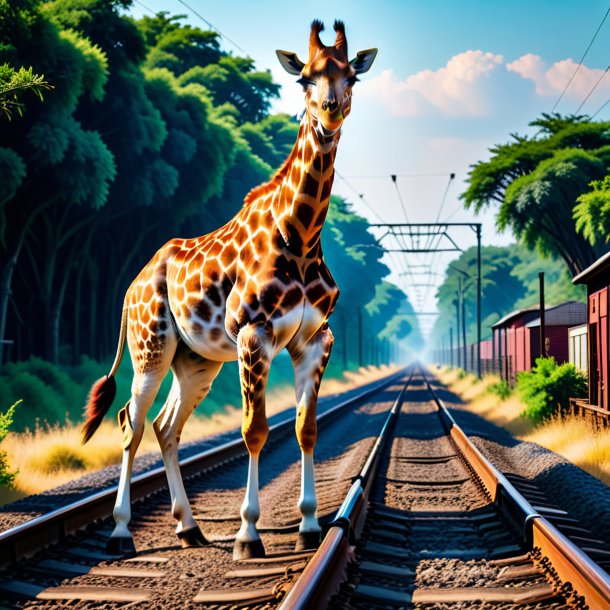 Photo of a angry of a giraffe on the railway tracks