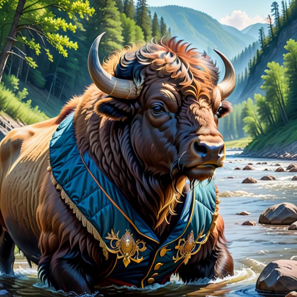 Drawing of a bison in a vest in the river