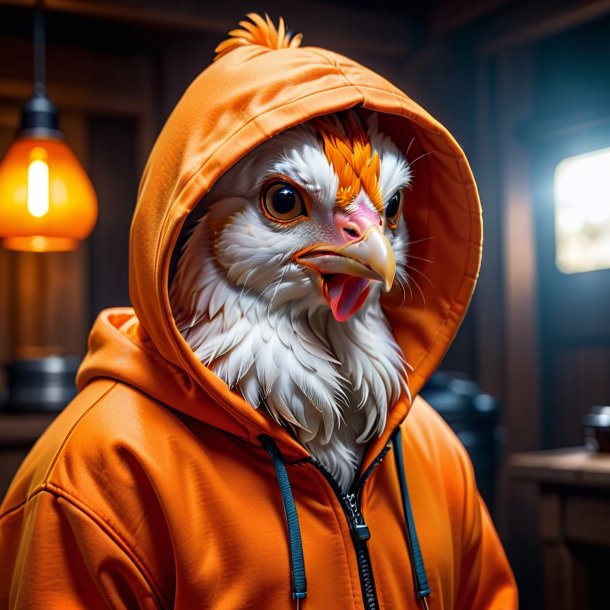 Foto de una gallina en una sudadera naranja