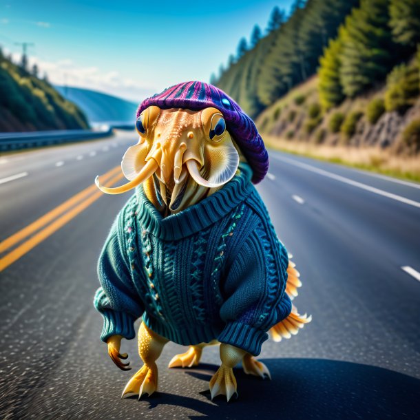 Pic of a cuttlefish in a sweater on the highway