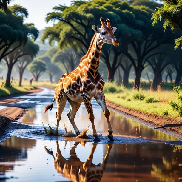 Foto de un baile de una jirafa en el charco