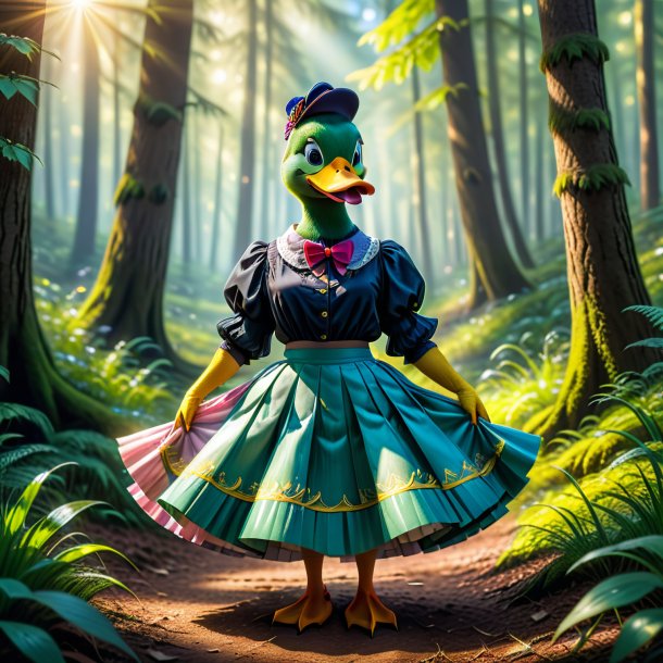 Imagem de um pato em uma saia na floresta